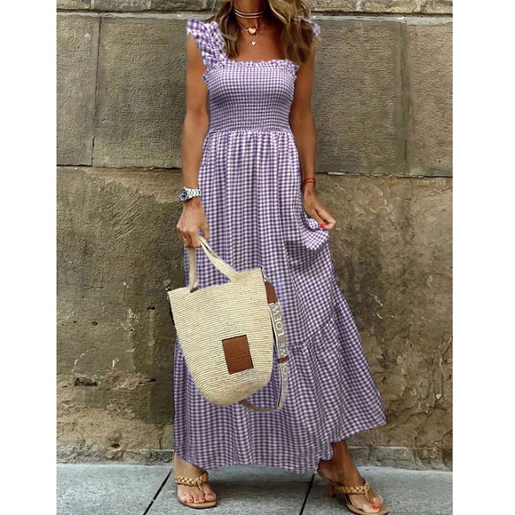Boho Gingham Print Ruffle Sleeve Maxi Dress - Picture 1 of 7